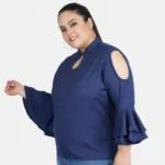 Generic Women's Casual Bell Sleeve Solid Blue Top (Color:Blue, Material:Crepe) - Image 4