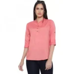 Generic Women's Casual Three Fourth Sleeve Solid Pink Top (Color:Pink, Material:Cotton Linen Blend)