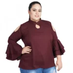 Generic Women's Casual Juliet Sleeve Solid Maroon Top (Color:Maroon, Material:Crepe)