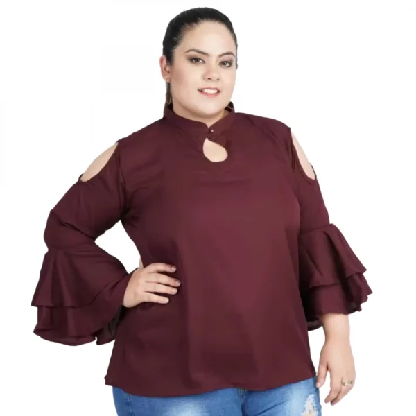 Generic Women's Casual Juliet Sleeve Solid Maroon Top (Color:Maroon, Material:Crepe)