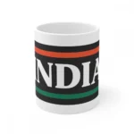 White ceramic coffee mug with India print