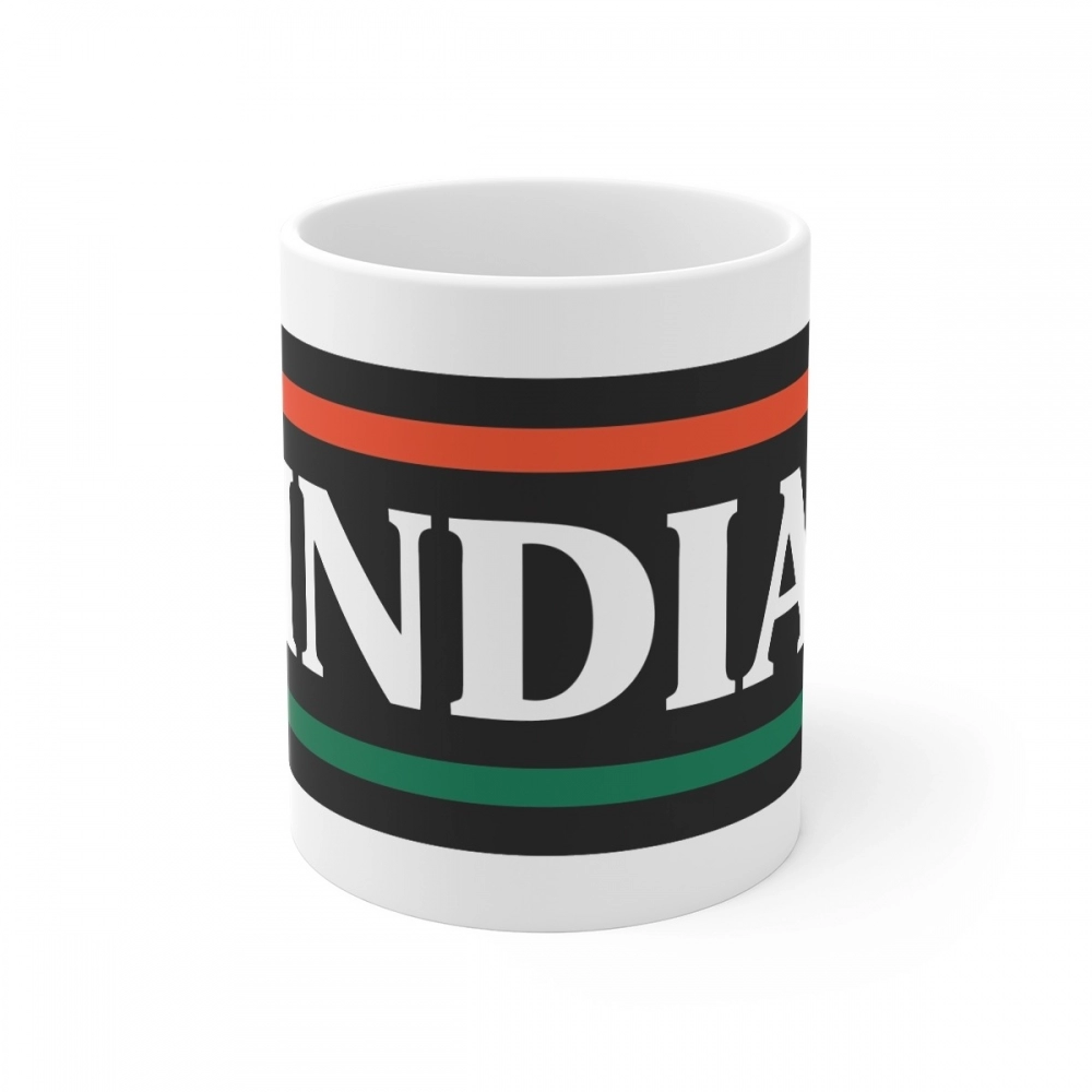 White ceramic coffee mug with India print