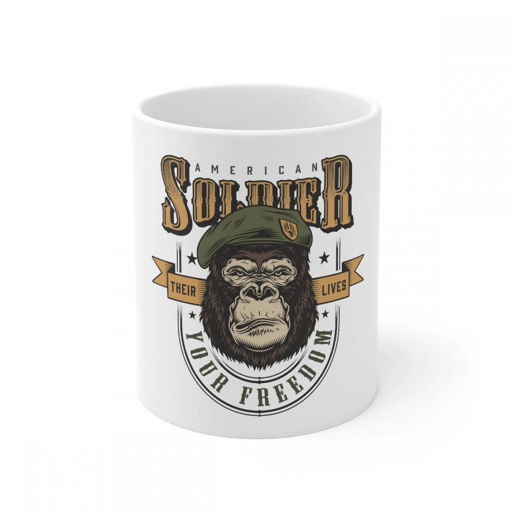 White ceramic coffee mug with Gorilla design
