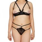 Generic Women's Lace Tempting Floral Open Cup Bra Lingerie Set (Black)