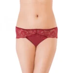 Generic Women's Nylon Mid Waist Frilled Floral Sheer Lace Hipster (Wine Red)