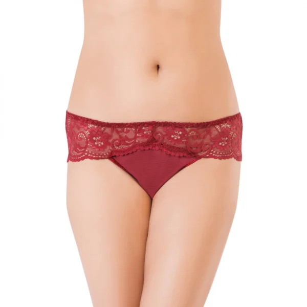 Generic Women's Nylon Mid Waist Frilled Floral Sheer Lace Hipster (Wine Red)