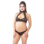 Generic Women's Nylon Non Padded Floral Lace Black Lingerie Set (Black)