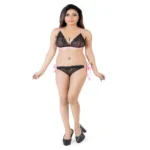 Generic Women's Lace Black Lace Light Pink Satin Closure Sexy Bra Panty Set (Black)