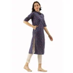 Generic Women's Cotton Printed Straight Kurti (Navy Blue, Cotton) - Image 4