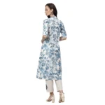 Generic Women's Cotton Printed Floral Print Kurti (White, Blue, Cotton) - Image 2