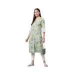 Generic Women's Cotton Printed  Straight Kurti (White, Green, Cotton) - Image 2