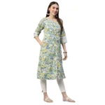 Generic Women's Cotton Printed  Straight Kurti (White, Green, Cotton) - Image 5