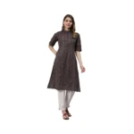 Generic Women's Cotton Printed Straight Kurti (Black, Cotton)