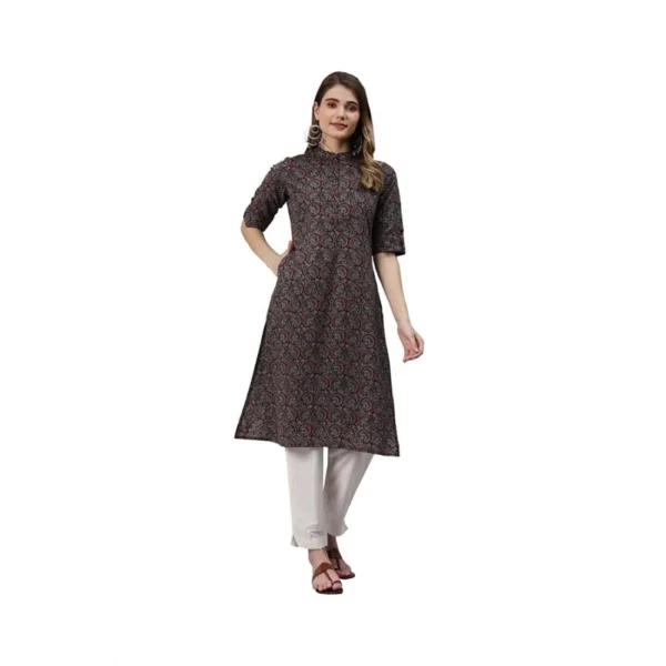 Generic Women's Cotton Printed Straight Kurti (Black, Cotton)