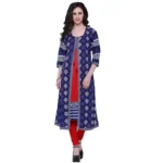 Blue Red Cotton Printed Long Kurti for Women