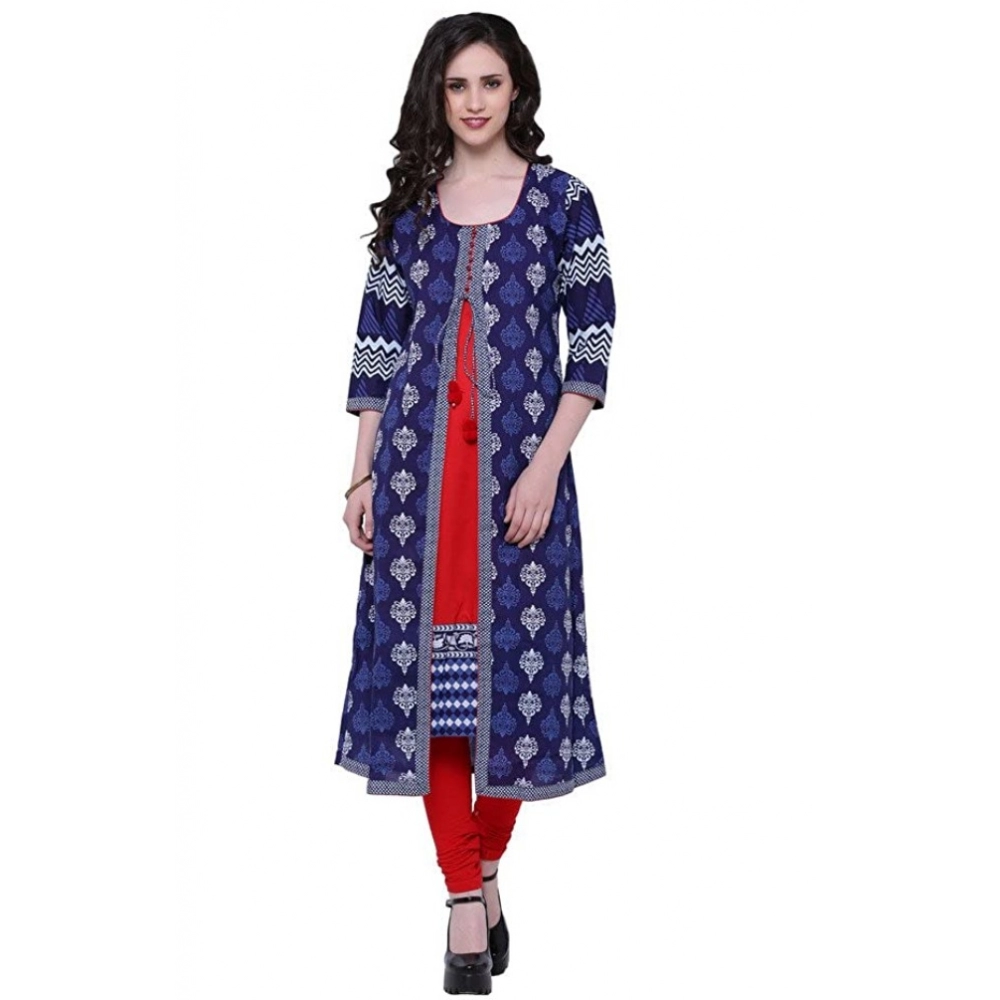Blue Red Cotton Printed Long Kurti for Women