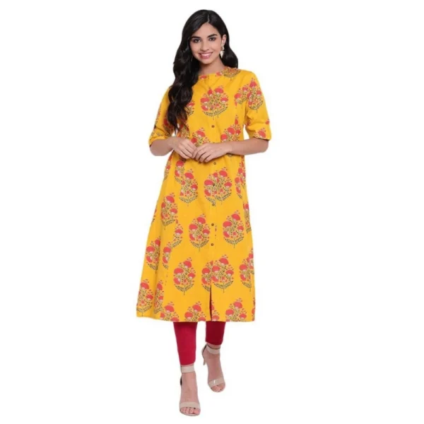 Generic Women's Khadi Printed A Line Kurti (Yellow, Khadi)