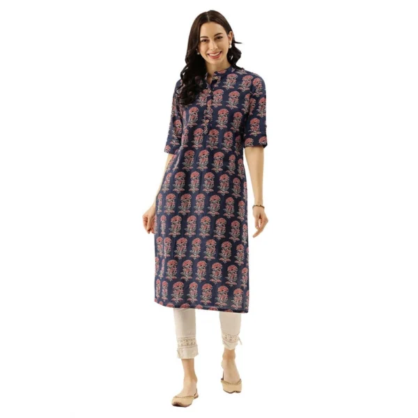 Generic Women's Cotton Printed Straight Kurti (Blue, Cotton)