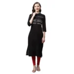 Generic Women's Pure Cotton Printed Straight Kurti (Black, Pure Cotton)