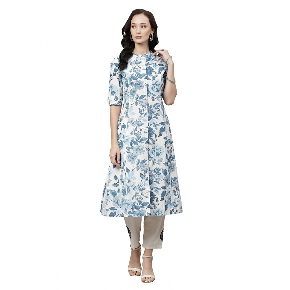 Women's White Blue Floral Cotton Kurti