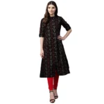 Black Cotton Printed A Line Kurti for Women