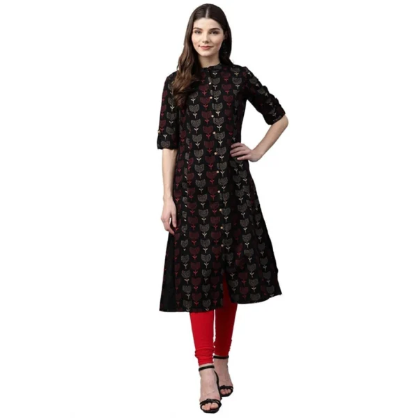 Black Cotton Printed A Line Kurti for Women