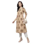 Generic Women's Cotton Printed A Line Kurti (Beige, Cotton) - Image 2