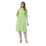 Generic Women's Cotton Printed Straight Kurti (Yellow, Green, Cotton)