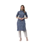 Generic Women's Cotton Printed Straight Kurti (Blue, Cotton)