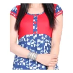 Generic Women's Cotton Printed Long Kurti (Blue, Red, Cotton) - Image 2