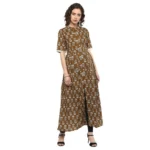 Generic Women's Cotton Printed Front Slit Kurti (Brown, Cotton)