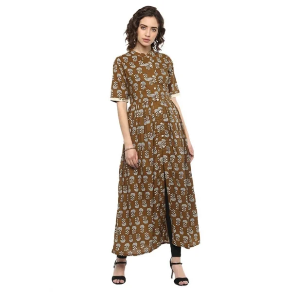 Generic Women's Cotton Printed Front Slit Kurti (Brown, Cotton)