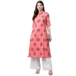 Generic Women's Cotton Printed A Line Kurti (Peach, Cotton)