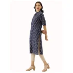Generic Women's Cotton Printed Straight Kurti (Navy Blue, Cotton) - Image 4