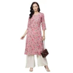 Generic Women's Cotton Printed Straight Kurti (Pink, Cotton) - Image 2