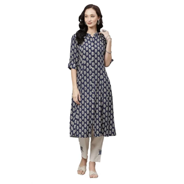 Generic Women's Rayon Printed A Line Kurti (Blue, Rayon)