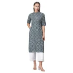 Generic Women's Cotton Printed Straight Kurti (Blue, Cotton)