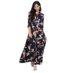 Generic Women's Rayon Printed Maxi Dress (Navy Blue, Rayon)