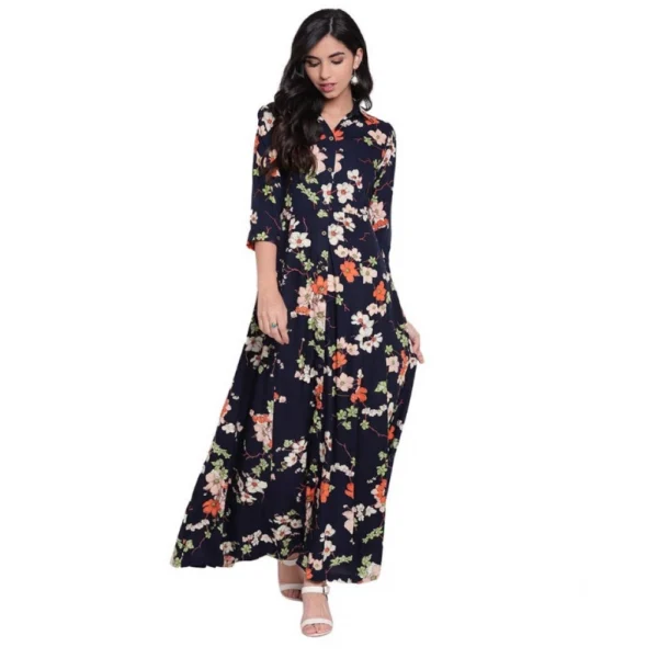 Generic Women's Rayon Printed Maxi Dress (Navy Blue, Rayon)