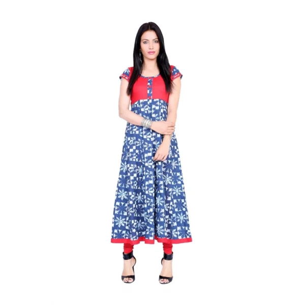 Generic Women's Cotton Printed Long Kurti (Blue, Red, Cotton)