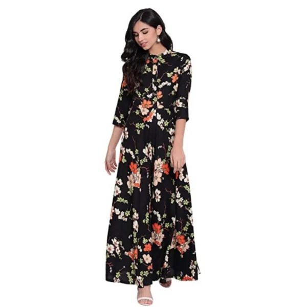 Generic Women's Rayon Printed Maxi Dress (Black, Rayon)