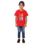 Girls' Red Cotton Half Sleeve T-Shirt with Cat Print