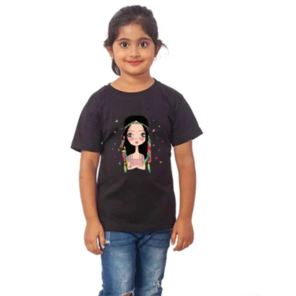 Girls' Black Cotton Half Sleeve T-Shirt with Tribal Print
