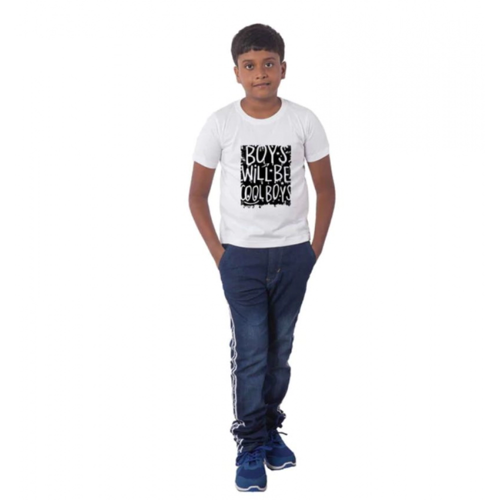 White Cotton Half Sleeve T-Shirt for Boys with Will Be Cool Print