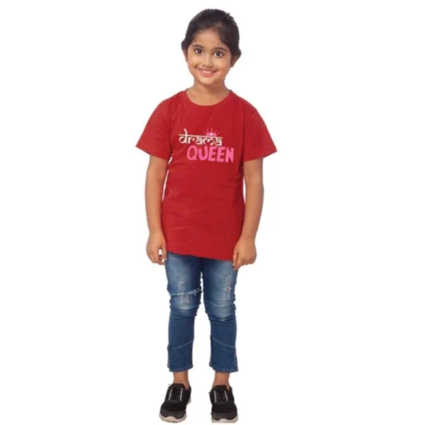 Girls Maroon Cotton Drama Queen T-Shirt