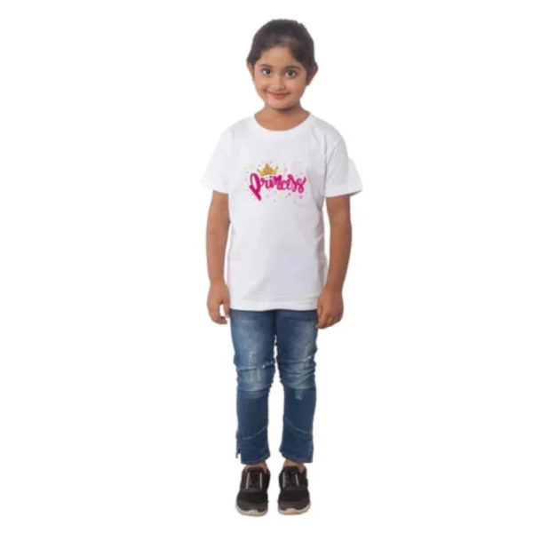 White Cotton Half Sleeve T-Shirt for Girls with Princess Print
