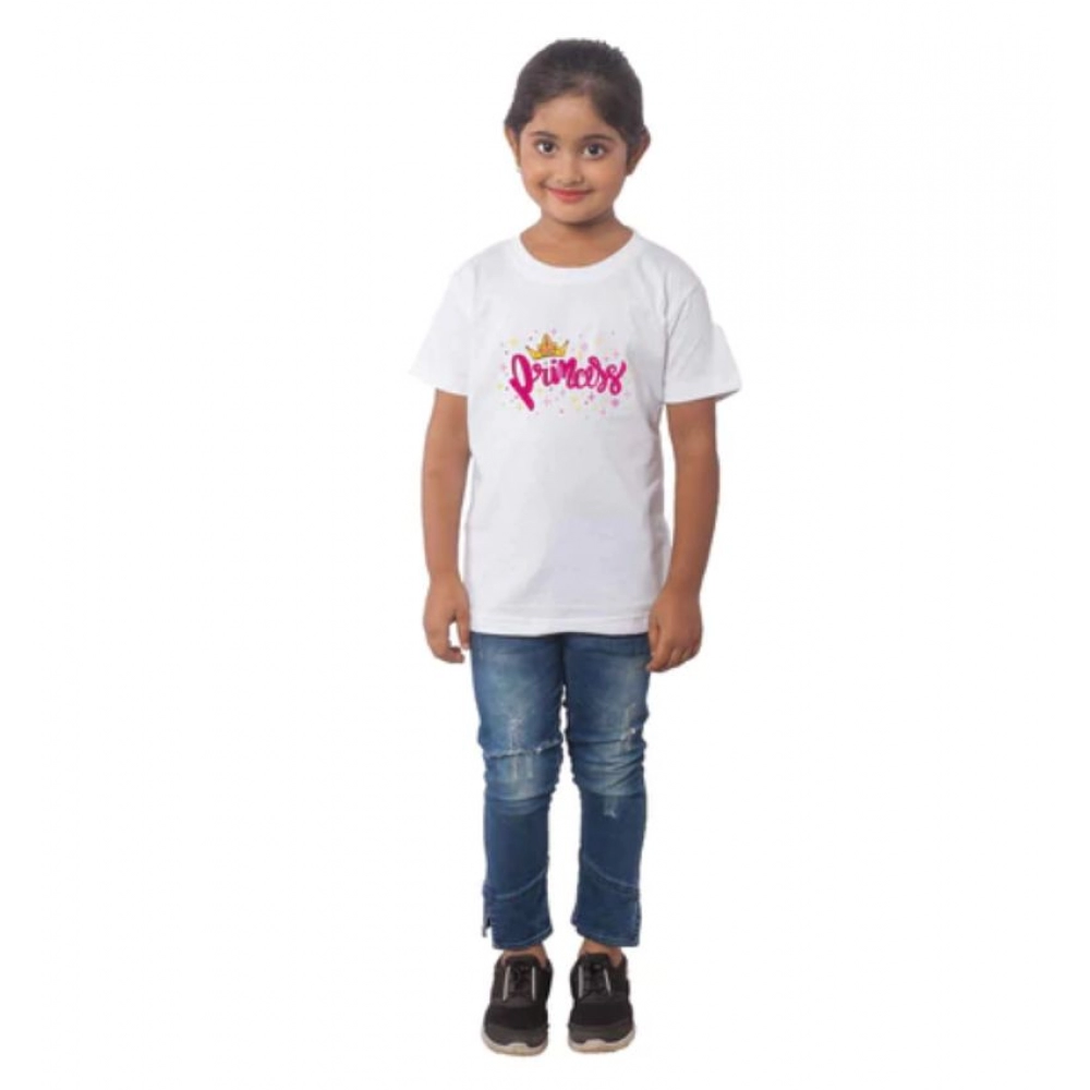 White Cotton Half Sleeve T-Shirt for Girls with Princess Print
