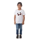 White Cotton Half Sleeve T-Shirt for Girls with Panda Glass Print