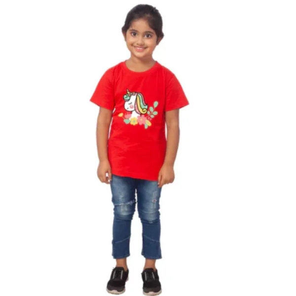 Red Cotton Half Sleeve T-Shirt for Girls with Unicorn Face Print
