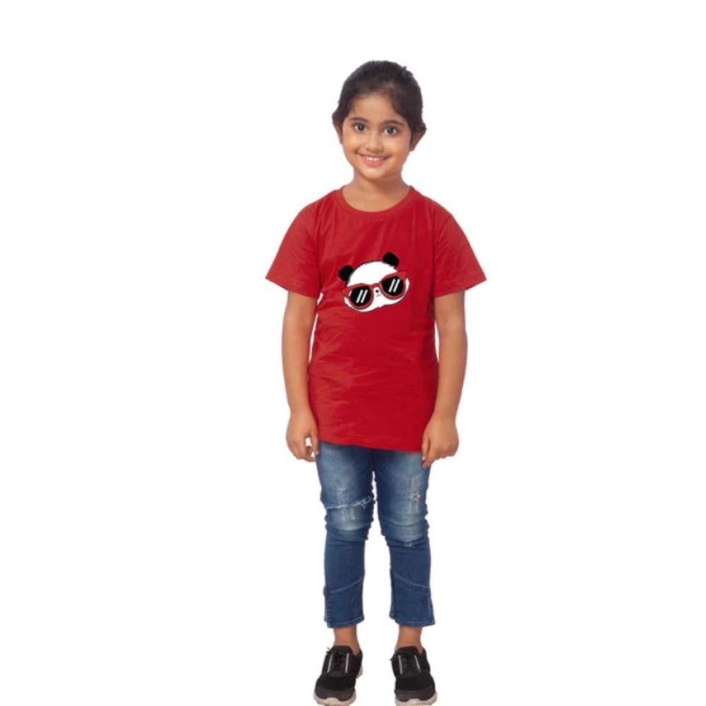 Maroon Cotton Half Sleeve T-Shirt for Girls with Panda Glass Print